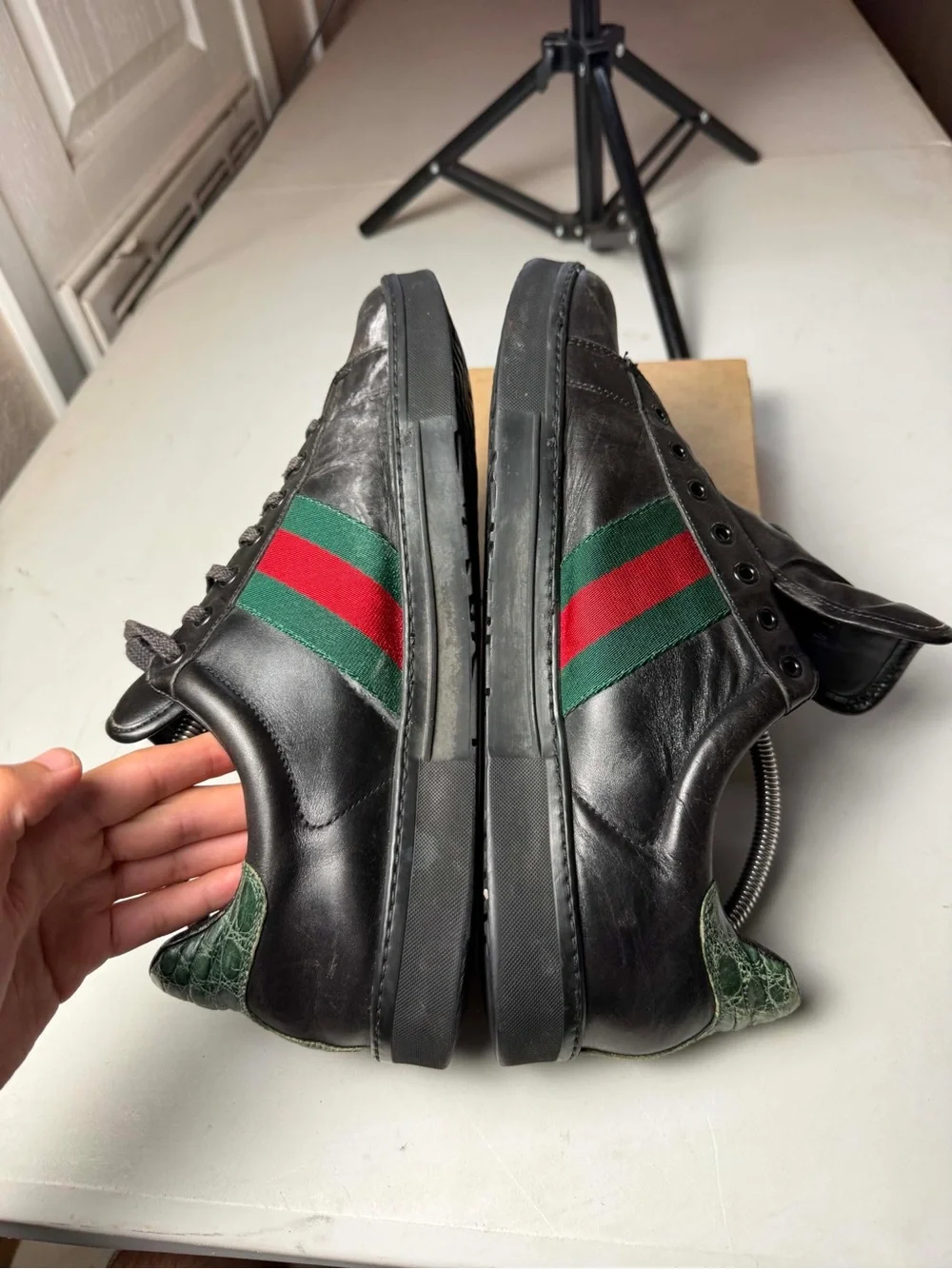 Men's GUCCI 'Web' Black Leather Sneakers ACE crocodile Sz 11 G / US 12